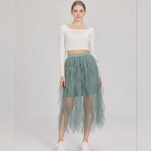 Very J| Tattered Ruffle Tulle Midi | Dusty Green| Sz L| Fairycore, Whimsigoth